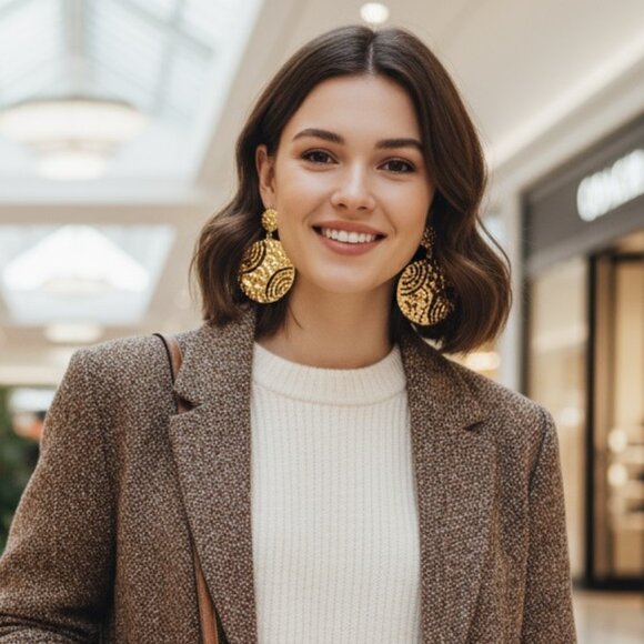 ๐๏ธModern Textured Round Statement Earrings Gold Plated Alloy Bold Chic Designer - Picture 10 of 13